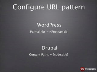 Configure URL pattern

         WordPress
     Permalinks = %Postname%




            Drupal
    Content Paths = [node:title]



                                   thingdigital
 