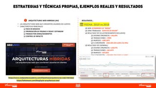 ESTRATEGIAS Y TÉCNICAS PROPIAS, EJEMPLOS REALES Y RESULTADOS
📅 FECHA: 2019 vs 2018
• LAS ARQUITECTURAS WEB QUE CONVIERTEN USUARIOS EN CLIENTES.
• CARACTERÍSTICAS PRINCIPALES:
❑ FOCO EN NEGOCIO
❑ PRIORIZACIÓN DE PÁGINAS A CREAR Y OPTIMIZAR
❑ TRABAJO POR ZONAS/SEGMENTOS
❑ CONTROL DE IMPACTO
https://www.webpositeracademy.com/l/seolives/arquitecturas-web-hibridas/
ARQUITECTURAS WEB HIBRIDAS (AH)
❑ WEB: ECOMMERCE DE “MODA”
❑ ZONA TRABAJADA: “ZAPATOS DE MUJER”
❑ RESULTADO YOY (CLUSTER/SEGMENTO EXCLUSIVO):
❑ SESIONES ORGÁNICAS: +145,69%
❑ TRANSACCIONES: +790%
❑ INGRESOS: +1007,02%
❑ % CONVERSIÓN: +269,18% (DE 0,20% A 0,74%)
❑ RESULTADO YOY (GENERAL):
❑ SESIONES ORGÁNICAS: +120,57%
❑ TRANSACCIONES: +561,61%
❑ INGRESOS: +597,85%
❑ % CONVERSIÓN: +199,96% (DE 0,35% A 1,04%)
RESULTADOS…
https://laikateam.com/blog/guia-arquitectura-seo/
 