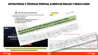 ESTRATEGIAS Y TÉCNICAS PROPIAS, EJEMPLOS REALES Y RESULTADOS
📅 FECHA: 2019 vs 2018
• LAS ARQUITECTURAS WEB QUE CONVIERTEN USUARIOS EN CLIENTES.
• CARACTERÍSTICAS PRINCIPALES:
❑ FOCO EN NEGOCIO
❑ PRIORIZACIÓN DE PÁGINAS A CREAR Y OPTIMIZAR
❑ TRABAJO POR ZONAS/SEGMENTOS
❑ CONTROL DE IMPACTO
https://www.webpositeracademy.com/l/seolives/arquitecturas-web-hibridas/
ARQUITECTURAS WEB HIBRIDAS (AH)
❑ WEB: ECOMMERCE DE “MODA”
❑ ZONA TRABAJADA: “ZAPATOS DE MUJER”
❑ RESULTADO YOY (CLUSTER/SEGMENTO EXCLUSIVO):
❑ SESIONES ORGÁNICAS: +145,69%
❑ TRANSACCIONES: +790%
❑ INGRESOS: +1007,02%
❑ % CONVERSIÓN: +269,18% (DE 0,20% A 0,74%)
❑ RESULTADO YOY (GENERAL):
❑ SESIONES ORGÁNICAS: +120,57%
❑ TRANSACCIONES: +561,61%
❑ INGRESOS: +597,85%
❑ % CONVERSIÓN: +199,96% (DE 0,35% A 1,04%)
RESULTADOS…
https://laikateam.com/blog/guia-arquitectura-seo/
 