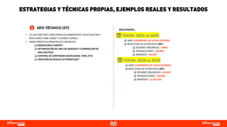 RESULTADOS…
• LO QUE MÁS NOS CARACTERIZA EN WEBPOSITER Y ALGO QUE MUY
POCA GENTE SABE COMO Y CUANDO USARLO…
• CARACTERÍSTICAS PRINCIPALES CONCRETAS:
❑ MIGRACIÓN A SHOPIFY
❑ OPTIMIZACIÓN DE URLS DE NEGOCIO Y ELIMINACIÓN DE
URLS INUTILES
❑ CONTROL DE CONTENIDO (DUPLICIDAD, THIN, ETC)
❑ CREACIÓN DE REGLAS AUTOMÁTICAS*
❑ WEB: ECOMMERCE DE JOYAS (JOYERIA)
❑ RESULTADO DE ESTRATEGIA (SBT):
❑ SESIONES ORGÁNICAS: +206%
❑ TRANSACCIONES: +93,90%
❑ INGRESOS: +64,93%
📅 FECHA: 2021 vs 2020
❑ WEB: ECOMMERCE DE JOYAS (JOYERIA)
❑ RESULTADO DE ESTRATEGIA (SBT):
❑ SESIONES ORGÁNICAS: +38,92%
❑ TRANSACCIONES: +93,90%
❑ INGRESOS: +2.193,33%
📅 FECHA: 2020 vs 2019
ESTRATEGIAS Y TÉCNICAS PROPIAS, EJEMPLOS REALES Y RESULTADOS
 