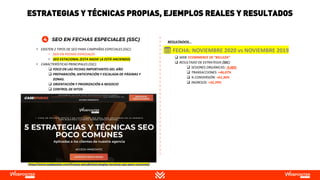 • EXISTEN 2 TIPOS DE SEO PARA CAMPAÑAS ESPECIALES (SSC):
• SEO EN FECHAS ESPECIALES
• SEO ESTACIONAL (ESTA NADIE LA ESTÁ HACIENDO)
• CARACTERÍSTICAS PRINCIPALES (SSC):
❑ FOCO EN LAS FECHAS IMPORTANTES DEL AÑO
❑ PREPARACIÓN, ANTICIPACIÓN Y ESCALADA DE PÁGINAS Y
ZONAS.
❑ ORIENTACIÓN Y PRIORIZACIÓN A NEGOCIO
❑ CONTROL DE HITOS
https://www.webpositer.com/l/casos-estudio/estrategias-tecnicas-seo-poco-comunes/
❑ WEB: ECOMMERCE DE “BELLEZA”
❑ RESULTADO DE ESTRATEGIA (SSC):
❑ SESIONES ORGÁNICAS: -9,48%
❑ TRANSACCIONES: +46,07%
❑ % CONVERSIÓN: +61,36%
❑ INGRESOS: +32,39%
📅 FECHA: NOVIEMBRE 2020 vs NOVIEMBRE 2019
RESULTADOS…
ESTRATEGIAS Y TÉCNICAS PROPIAS, EJEMPLOS REALES Y RESULTADOS
 