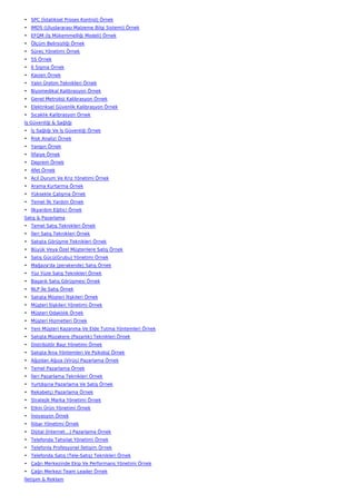 • SPC (İstatiksel Proses Kontrol) Örnek
• IMDS (Uluslararası Malzeme Bilgi Sistemi) Örnek
• EFQM (İş Mükemmelliği Modeli) Örnek
• Ölçüm Belirsizliği Örnek
• Süreç Yönetimi Örnek
• 5S Örnek
• 6 Sigma Örnek
• Kaizen Örnek
• Yalın Üretim Teknikleri Örnek
• Biyomedikal Kalibrasyon Örnek
• Genel Metroloji Kalibrasyon Örnek
• Elektriksel Güvenlik Kalibrasyon Örnek
• Sıcaklık Kalibrasyon Örnek
İş Güvenliği & Sağlığı
• İş Sağlığı Ve İş Güvenliği Örnek
• Risk Analizi Örnek
• Yangın Örnek
• İtfaiye Örnek
• Deprem Örnek
• Afet Örnek
• Acil Durum Ve Kriz Yönetimi Örnek
• Arama Kurtarma Örnek
• Yüksekte Çalışma Örnek
• Temel İlk Yardım Örnek
• İlkyardım Eğitici Örnek
Satış & Pazarlama
• Temel Satış Teknikleri Örnek
• İleri Satış Teknikleri Örnek
• Satışta Görüşme Teknikleri Örnek
• Büyük Veya Özel Müşterilere Satış Örnek
• Satış Gücü(Grubu) Yönetimi Örnek
• Mağaza'da (perakende) Satış Örnek
• Yüz Yüze Satış Teknikleri Örnek
• Başarılı Satış Görüşmesi Örnek
• NLP İle Satış Örnek
• Satışta Müşteri İlişkileri Örnek
• Müşteri İlişkileri Yönetimi Örnek
• Müşteri Odaklılık Örnek
• Müşteri Hizmetleri Örnek
• Yeni Müşteri Kazanma Ve Elde Tutma Yöntemleri Örnek
• Satışta Müzakere (Pazarlık) Teknikleri Örnek
• Distribütör Bayi Yönetimi Örnek
• Satışta İkna Yöntemleri Ve Psikoloji Örnek
• Ağızdan Ağıza (Virüs) Pazarlama Örnek
• Temel Pazarlama Örnek
• İleri Pazarlama Teknikleri Örnek
• Yurtdışına Pazarlama Ve Satış Örnek
• Rekabetçi Pazarlama Örnek
• Stratejik Marka Yönetimi Örnek
• Etkin Ürün Yönetimi Örnek
• İnovasyon Örnek
• İtibar Yönetimi Örnek
• Dijital (İnternet…) Pazarlama Örnek
• Telefonda Tahsilat Yönetimi Örnek
• Telefonla Profesyonel İletişim Örnek
• Telefonda Satış (Tele-Satış) Teknikleri Örnek
• Çağrı Merkezinde Ekip Ve Performans Yönetimi Örnek
• Çağrı Merkezi Team Leader Örnek
İletişim & Reklam
 
