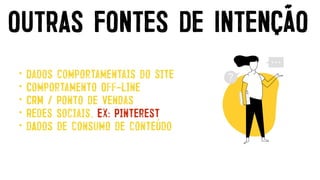 OUTRAS FONTES DE INTENÇÃO
• Dados comportamentais do site


• Comportamento Off-line


• CRM / Ponto de Vendas


• Redes Sociais. Ex: Pinterest


• dAdos de consumo de conteúdo
 