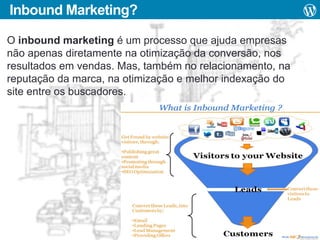 Inbound Marketing?
O inbound marketing é um processo que ajuda empresas
não apenas diretamente na otimização da conversão, nos
resultados em vendas. Mas, também no relacionamento, na
reputação da marca, na otimização e melhor indexação do
site entre os buscadores.

 