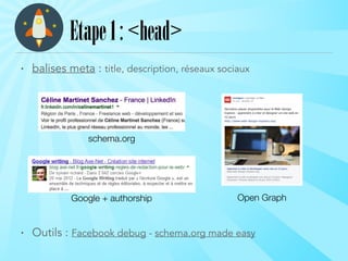 Etape1:<head>
schema.org
Google + authorship Open Graph
• balises meta : title, description, réseaux sociaux 
 
 
 
 
 
 
!
• Outils : Facebook debug - schema.org made easy
 
