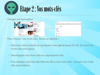 • Google est text-addict
!
!
• Pour trouver vos mots-clés, faites un tableau :
• Décrivez votre activité en quelques mots génériques (3 à 4). Ce sont vos
mots-clés principaux.
• Développez ces mots-clés en expressions-clés
• Puis dressez une liste des thèmes liés à vos mots-clés : ce sont vos mots-
clés secondaires.
Etape2:Vosmots-clés
 
