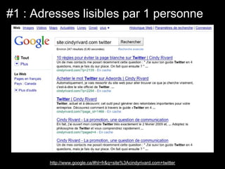 #1 : Adresses lisibles par 1 personne




        http://www.google.ca/#hl=fr&q=site%3Acindyrivard.com+twitter
 