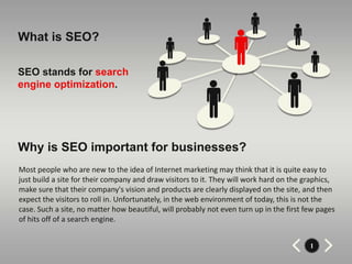 What is SEO?

SEO stands for search
engine optimization.




Why is SEO important for businesses?
Most people who are new to the idea of Internet marketing may think that it is quite easy to
just build a site for their company and draw visitors to it. They will work hard on the graphics,
make sure that their company's vision and products are clearly displayed on the site, and then
expect the visitors to roll in. Unfortunately, in the web environment of today, this is not the
case. Such a site, no matter how beautiful, will probably not even turn up in the first few pages
of hits off of a search engine.


                                                                                         1
 