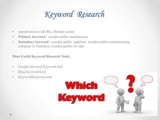 Keyword Research
• sureshwood.co.in(URL, Domain name)
• Primary keyword : wooden pallet manufacturer
• Secondary keyword : wooden pallet suppliers, wooden pallet manufacturing
company in Vadodara, wooden pallets for sale
Most Useful Keyword Research Tools:
• Google Ad word Keyword tool
• Bing Keyword tool
• Keyworddiscovery.com
 