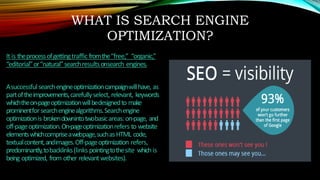WHAT IS SEARCH ENGINE
OPTIMIZATION?
It is theprocessofgettingtraffic fromthe“free,” “organic,”
“editorial”or“natural”searchresultsonsearch engines.
Asuccessfulsearchengineoptimizationcampaignwillhave, as
partoftheimprovements,carefullyselect,relevant, keywords
whichtheon-pageoptimizationwillbedesignedto make
prominentforsearchenginealgorithms.Searchengine
optimizationis brokendownintotwobasicareas:on-page, and
off-pageoptimization.On-pageoptimizationrefers to website
elementswhichcompriseawebpage,suchasHTML code,
textualcontent,andimages.Off-pageoptimization refers,
predominantly,tobacklinks(links pointingtothesite whichis
being optimized, from other relevantwebsites).
 