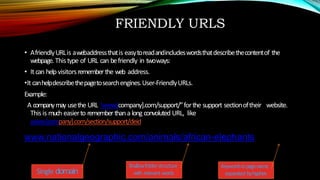 FRIENDLY URLS
• AfriendlyURLis awebaddressthatis easytoreadandincludeswordsthatdescribethecontentof the
webpage. Thistype of URL can befriendly in twoways:
• It can helpvisitorsrememberthe web address.
•It canhelpdescribethepagetosearchengines.User-FriendlyURLs.
Example:
A companymay usethe URL ‘www.[company].com/support/”forthe support sectionoftheir website.
Thisis much easierto rememberthana long convoluted URL, like
www.[company].com/section/support/deid
www.nationalgeographic.com/animals/african-elephants
Single domain
Shallowfolderstructure
with relevantwords
Keywordsinpagename,
separated byhyphen
 