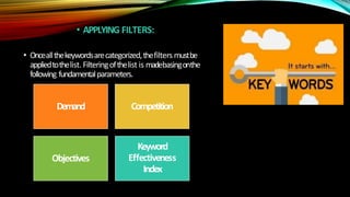 • APPLYING FILTERS:
• Onceallthekeywordsarecategorized,thefiltersmustbe
appliedtothelist. Filteringofthelist is madebasingonthe
following fundamentalparameters.
Demand Competition
Objectives
Keyword
Effectiveness
Index
 