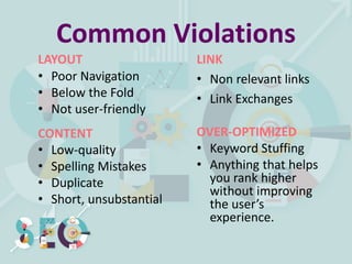 Common Violations
LINK
• Non relevant links
• Link Exchanges
CONTENT
• Low-quality
• Spelling Mistakes
• Duplicate
• Short, unsubstantial
LAYOUT
• Poor Navigation
• Below the Fold
• Not user-friendly
OVER-OPTIMIZED
• Keyword Stuffing
• Anything that helps
you rank higher
without improving
the user’s
experience.
 