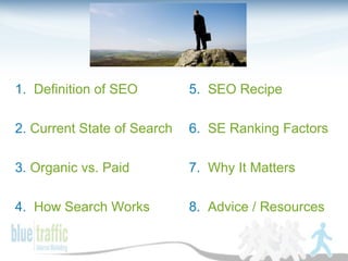 1.  Definition of SEO 2.  Current State of Search 3.  Organic vs. Paid 4.  How Search Works 5.  SEO Recipe 6.  SE Ranking ...