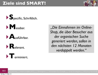 Ziele sind SMART!


        ‣Speciﬁc, Schriftlich.
        ‣Messbar.                                           “Die Visibility/Sichtbarkeit der
                                                            „NachZahl der FehlerOnline-
                                                             „Die Einnahmen im (durch
                                                             „Alle A-Kategorien imsoll
                                                                      dem Relaunch Shop
                                                                Seite im einen aus Google
                                                                   sollen Searchmetrics-
                                                             Shop, die über Besucher aus
                                                              404-Seiten) in den der
                                                                    Suchtrafﬁc A-Inhalt
        ‣Ausführbar.                                           Index/Sistrix-Indexsoll im
                                                                Webmaster Tools um im
                                                                 der organischen soll 10
                                                            bekommen, alle B-Kategorien
                                                              organischen SucheSuche
                                                                   Konkurrenz-Umfeld
                                                            Prozent nach 6 Monaten und
                                                              generiertder nächsten C- in
                                                                 einen SEO-Content. 6
                                                                  Laufe werden, sollen
        ‣Relevant.                                            den Kategorien um 20 12
                                                                umnächsten 10 nach %
                                                                (Aufzählung) bleiben
                                                                Monate auf 12 Prozent
                                                                     20 Prozent Monaten
                                                                         steigen.”
                                                                   verdoppeltwerden.“
                                                                    reduziert steigen“
                                                                     Monaten werden.“
                                                                      unbearbeitet.“
        ‣Terminiert.
  SEO          Keywords   redaktionelles SEO   Strategien   Schreiben für Google   Link-Strategien   SEO in a Nutshell
Montag, 12. März 12
 