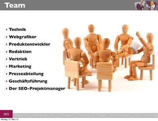 Team


     ‣ Technik
     ‣ Webgraﬁker
     ‣ Produktentwickler
     ‣ Redaktion
     ‣ Vertrieb
     ‣ Marketing
     ‣ Presseabteilung
     ‣ Geschäftsführung
     ‣ Der SEO-Projektmanager




  SEO          Keywords   redaktionelles SEO   Strategien   Schreiben für Google   Link-Strategien   SEO in a Nutshell
Montag, 12. März 12
 