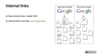 Internal links
 More internal links ≠ better SEO
 Internal links must help user engagement
 