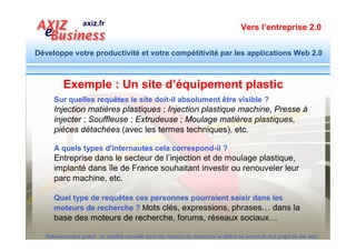 Vers l’entreprise 2.0


Développe votre productivité et votre compétitivité par les applications Web 2.0




                     Outils de recherche et de
                      sélection de mots clés
                L'ingrédient de base : Requêtes des internautes ciblés.




  Référencement gratuit : la visibilité naturelle dans les moteurs de recherche se définit en amont de tout projet de site web
 