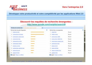 Vers l’entreprise 2.0


Développe votre productivité et votre compétitivité par les applications Web 2.0




     Segmenter les mots clés par
     thème et sous thèmes
        Répétez la procédure de
         recherche de requêtes
       ciblées (mots clés) autant
       de fois que de thème, puis
        segmentez le résultat en
      sous thèmes pour arriver au
           niveau des pages.


  Référencement gratuit : la visibilité naturelle dans les moteurs de recherche se définit en amont de tout projet de site web
 