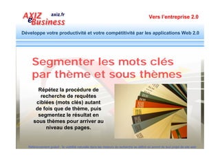 Vers l’entreprise 2.0


Développe votre productivité et votre compétitivité par les applications Web 2.0




                                       Spécifier le contenu des
                                      éléments d’optimisation à
              2                   utiliser lors de la conception du
                                  site dans le Cahier des charges


  Référencement gratuit : la visibilité naturelle dans les moteurs de recherche se définit en amont de tout projet de site web
 