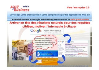 Vers l’entreprise 2.0


Développe votre productivité et votre compétitivité par les applications Web 2.0




                                                                             Evitez les mauvaises
                                                                             surprises. Pensez
                                                                             référencement naturel
                                                                              en AMONT du Projet.




   Vous pouvez diffuser librement ce document sur un support numérique : site web, blog, lettre d’information…Vous devez cependant diffuser la
   totalité de ce document sans l’altérer ou le modifier en conservant toutes les sources et URL.

  Référencement gratuit : la visibilité naturelle dans les moteurs de recherche se définit en amont de tout projet de site web
 