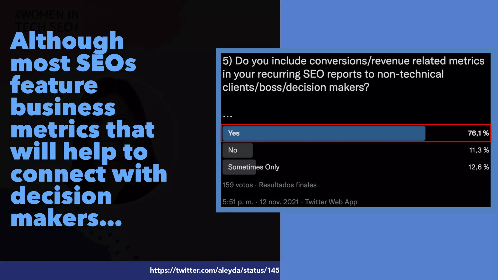 #ecommerceseo at @siteground by @aleyda from @orainti
#SEOReporting at #WTSFest by @aleyda from @orainti
Although
most SEOs
feature
business
metrics that
will help to
connect with
decision
makers…
https://twitter.com/aleyda/status/1459202085715591174
 
