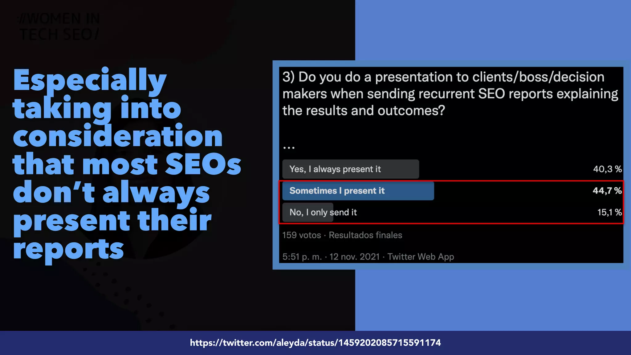 #ecommerceseo at @siteground by @aleyda from @orainti
#SEOReporting at #WTSFest by @aleyda from @orainti
Especially
taking into
consideration
that most SEOs
don’t always
present their
reports
https://twitter.com/aleyda/status/1459202085715591174
 