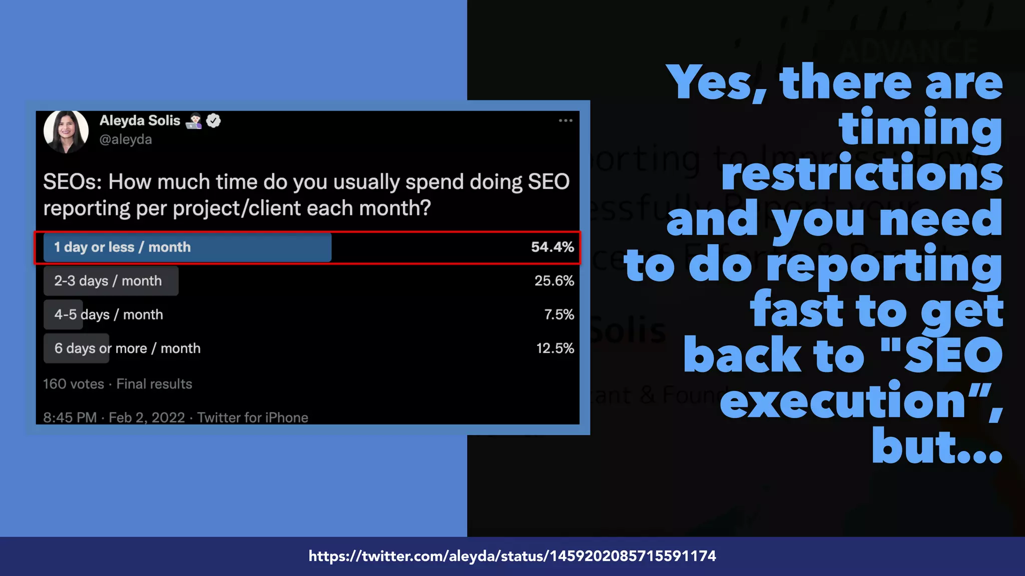 #ecommerceseo at @siteground by @aleyda from @orainti
#SEOReporting at #WTSFest by @aleyda from @orainti
Yes, there are
timing
restrictions
and you need
to do reporting
fast to get
back to "SEO
execution”,
but…
https://twitter.com/aleyda/status/1459202085715591174
 