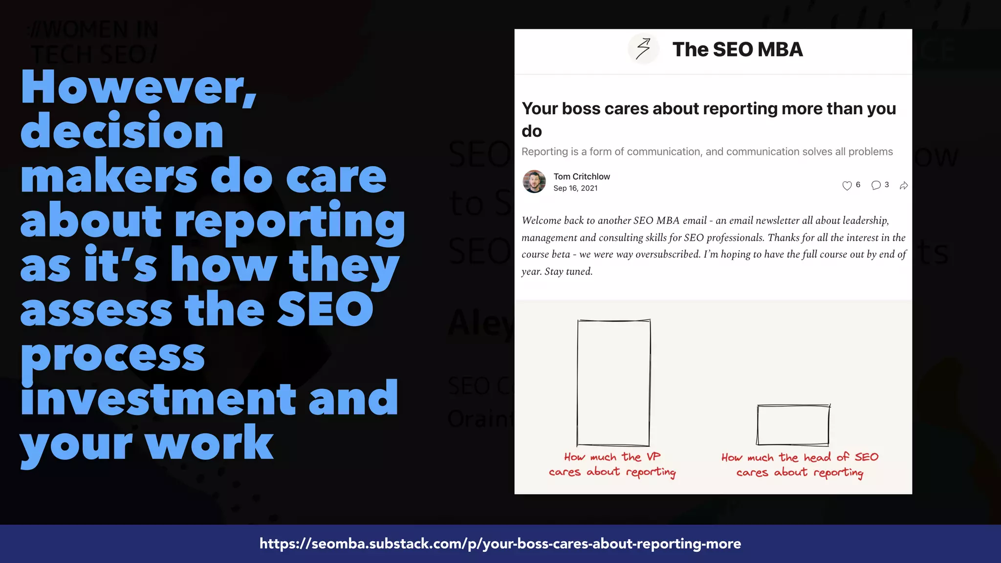 #ecommerceseo at @siteground by @aleyda from @orainti
#SEOReporting at #WTSFest by @aleyda from @orainti
https://seomba.substack.com/p/your-boss-cares-about-reporting-more
However,
decision
makers do care
about reporting
as it’s how they
assess the SEO
process
investment and
your work
 