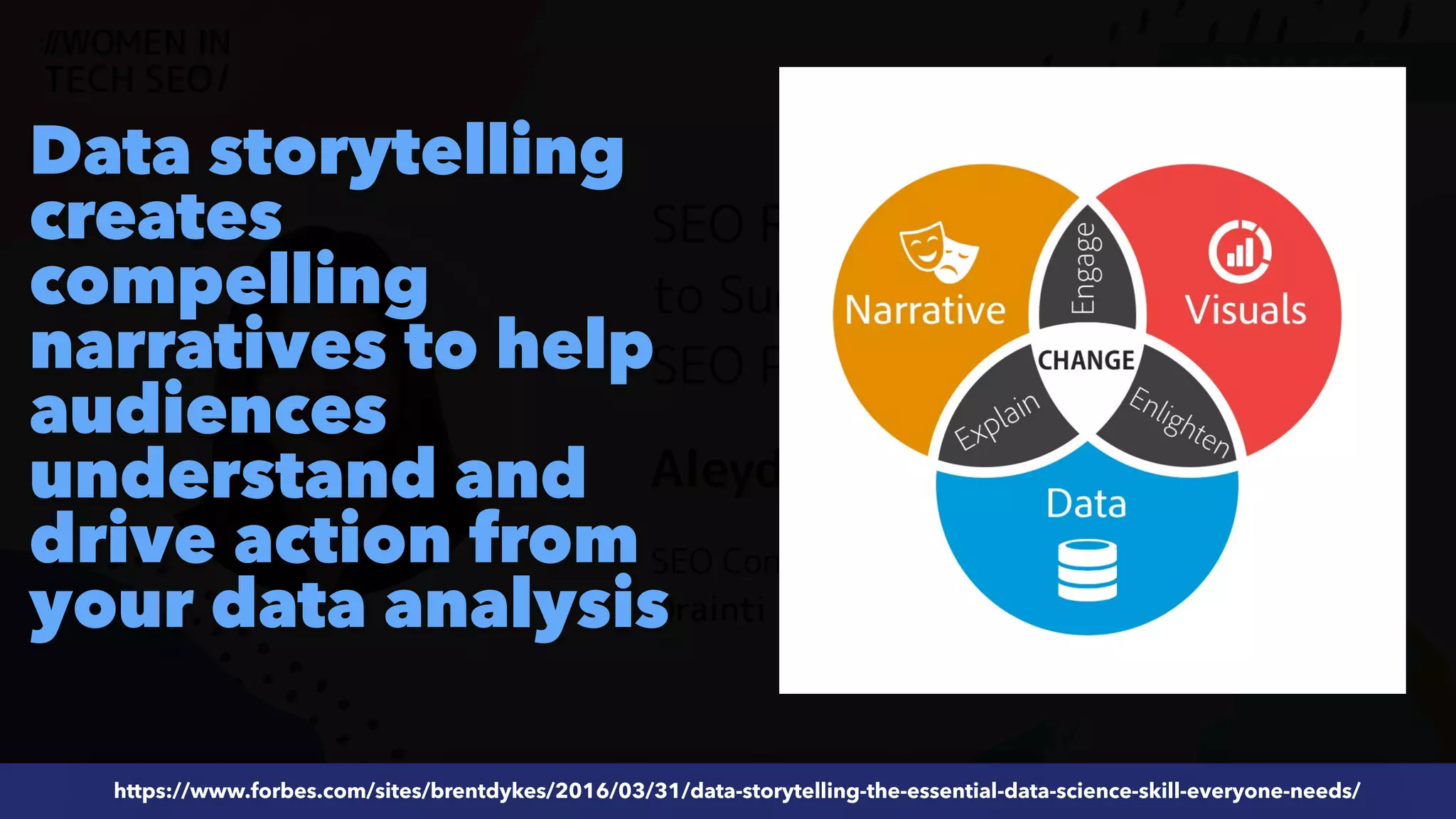 #ecommerceseo at @siteground by @aleyda from @orainti
#SEOReporting at #WTSFest by @aleyda from @orainti
https://www.forbes.com/sites/brentdykes/2016/03/31/data-storytelling-the-essential-data-science-skill-everyone-needs/
Data storytelling
creates
compelling
narratives to help
audiences
understand and
drive action from
your data analysis
 
