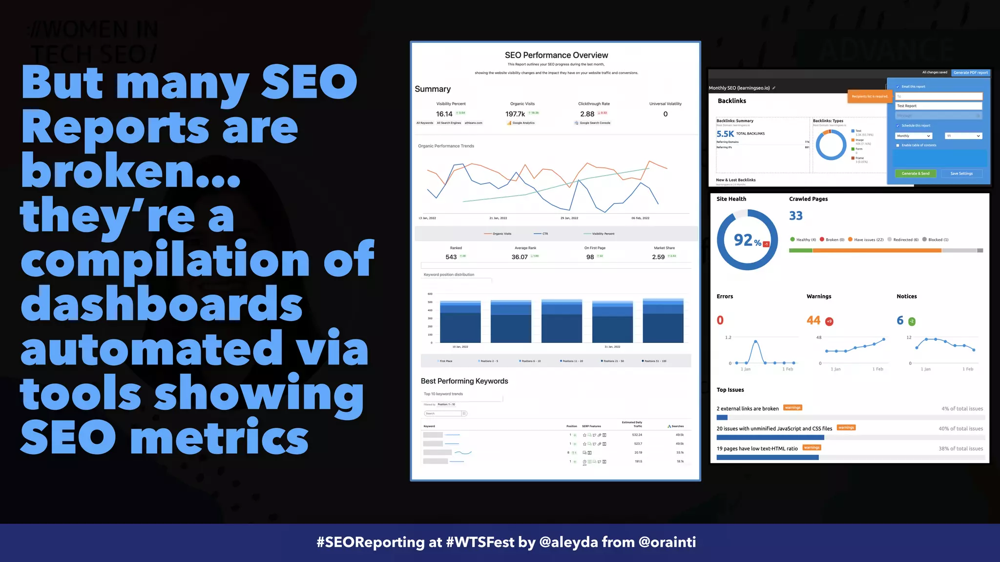 #ecommerceseo at @siteground by @aleyda from @orainti
#SEOReporting at #WTSFest by @aleyda from @orainti
But many SEO
Reports are
broken…
they’re a
compilation of
dashboards
automated via
tools showing
SEO metrics
 