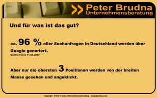 Und für was ist das gut?


ca.   96 % aller Suchanfragen in Deutschland werden über
Google generiert.
Quelle: Focus 11.03.2012




Aber nur die obersten      3 Positionen werden von der breiten
Masse gesehen und angeklickt.
 