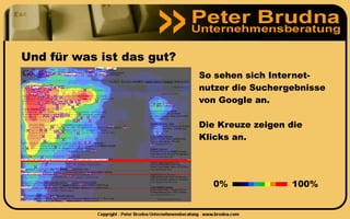 Und für was ist das gut?
                           So sehen sich Internet-
                           nutzer die Suchergebnisse
                           von Google an.

                           Die Kreuze zeigen die
                           Klicks an.




                             0%              100%
 
