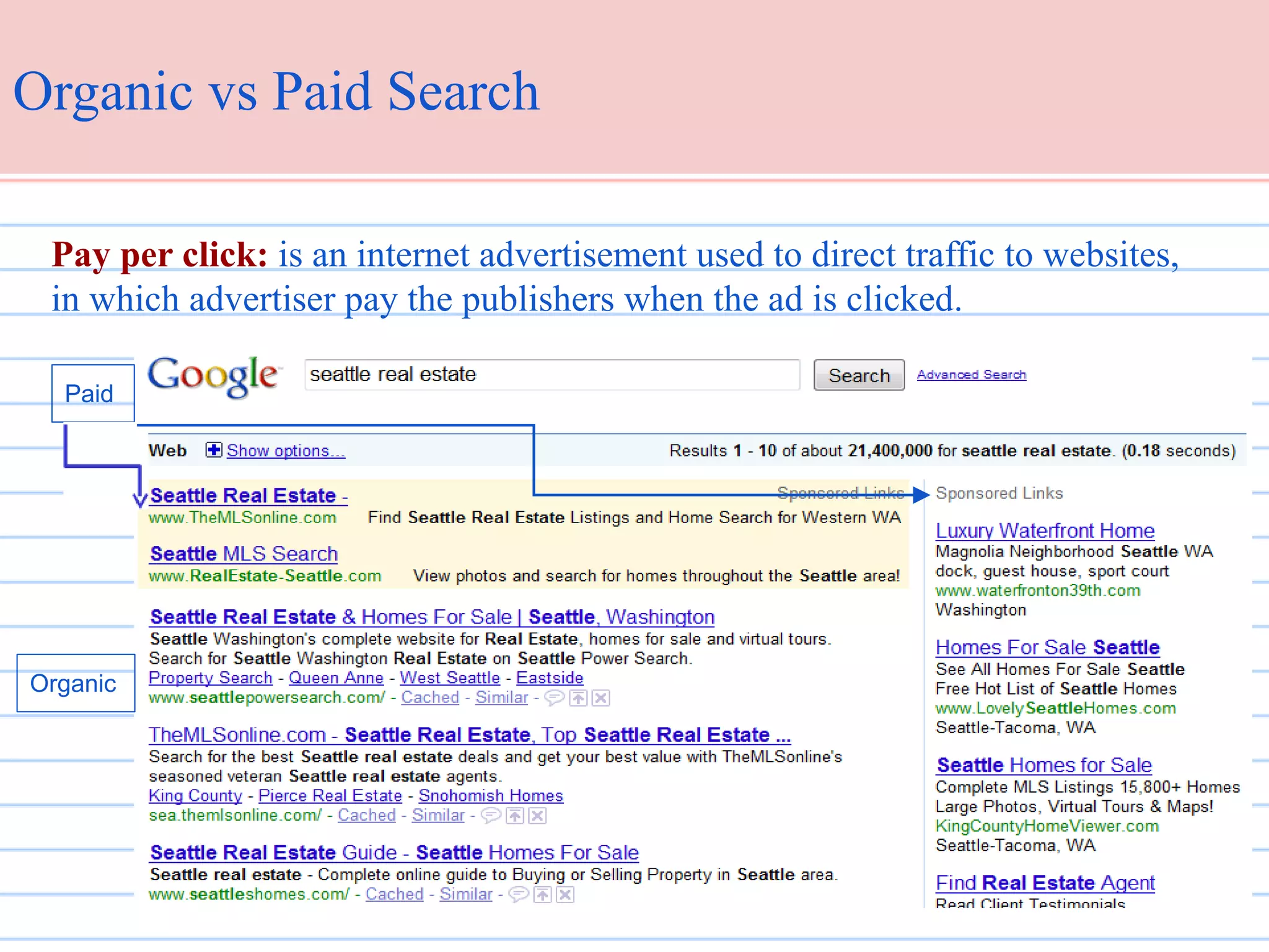 Organic vs Paid Search
Pay per click: is an internet advertisement used to direct traffic to websites,
in which advertiser pay the publishers when the ad is clicked.
Paid

Organic

 