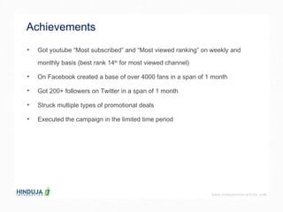 Achievements  Got youtube “Most subscribed” and “Most viewed ranking” on weekly and monthly basis (best rank 14 th  for most viewed channel) On Facebook created a base of over 4000 fans in a span of 1 month  Got 200+ followers on Twitter in a span of 1 month  Struck multiple types of promotional deals  Executed the campaign in the limited time period 
