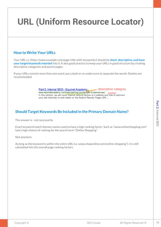 URL (Uniform Resource Locator)
Copyright © All Rights Reserved ®SEO Guide
How to Write Your URLs
Your URL i.e. (http://www.example.com/page-title-with-keywords/) should be short, descriptive, and have
your target keywords inserted into it. It also good practice to keep your URLs in good structure by creating
descriptive categories and parent pages.
If your URLs contain more than one word, put a dash or an underscore to separate the words. Dashes are
recommended.
Should Target Keywords Be Included in the Primary Domain Name?
The answer is - not necessarily.
Exact keyword match domain names used to have a high ranking factor. Such as “www.onlineshopping.com”
had a high chance of ranking for the search term “Online Shopping”.
Not anymore.
As long as the keyword is within the entire URL (i.e. www.shoponline.com/online-shopping”), it is still
calculated into the overall page ranking factors.
15
Part2:InternalSEO
 