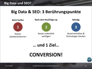 Big Data und SEO?

Big Data & SEO: 3 Berührungspunkte
Beim Surfen

Nach dem Kauf/Sign-up

Ständig

1

2

3

Nutzer
(wieder)erkennen

Nutzer ordentlich
verfolgen

Nutzerverhalten &
Technologie checken

… und 1 Ziel…

CONVERSION!
23.11.2013

(c) Ralf Schwoebel, puzzler@tradebit.com

19

 