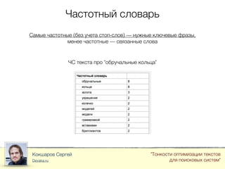 Частотный словарь
Кокшаров Сергей
Devaka.ru
"Тонкости оптимизации текстов
для поисковых систем"
Самые частотные (без учета стоп-слов) — нужные ключевые фразы,
менее частотные — связанные слова
ЧС текста про "обручальные кольца"
 