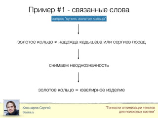 Пример #1 - связанные слова
Кокшаров Сергей
Devaka.ru
"Тонкости оптимизации текстов
для поисковых систем"
запрос "купить золотое кольцо"
золотое кольцо ≠ надежда кадышева или сергиев посад
снимаем неоднозначность
золотое кольцо = ювелирное изделие
 