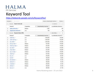 Keyword Tool
https://adwords.google.com/o/KeywordTool
Halma Marketing Event - 19 June 2013 8
 