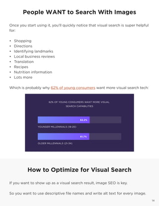1414
People WANT to Search With Images
Once you start using it, you’ll quickly notice that visual search is super helpful
for:
•	 Shopping
•	 Directions
•	 Identifying landmarks
•	 Local business reviews
•	 Translation
•	 Recipes
•	 Nutrition information
•	 Lots more
Which is probably why 62% of young consumers want more visual search tech:
14
How to Optimize for Visual Search
If you want to show up as a visual search result, image SEO is key.
So you want to use descriptive file names and write alt text for every image.
14
 