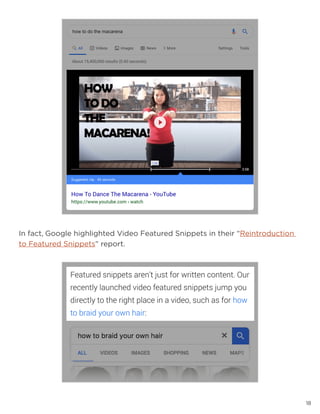 18
In fact, Google highlighted Video Featured Snippets in their “Reintroduction
to Featured Snippets” report.
18
 