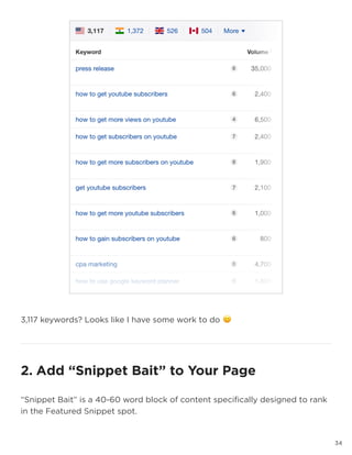 3434
3,117 keywords? Looks like I have some work to do 🙂
2. Add “Snippet Bait” to Your Page
“Snippet Bait” is a 40-60 word block of content specifically designed to rank
in the Featured Snippet spot.
 