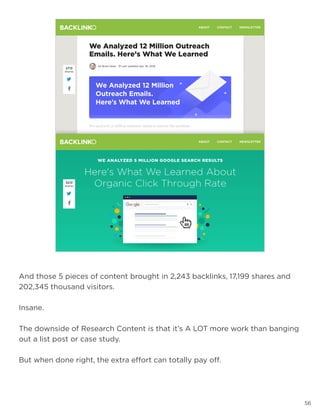 56
And those 5 pieces of content brought in 2,243 backlinks, 17,199 shares and
202,345 thousand visitors.
Insane.
The downside of Research Content is that it’s A LOT more work than banging
out a list post or case study.
But when done right, the extra effort can totally pay off.
 
