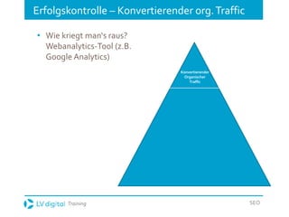 Training SEO
Erfolgskontrolle – Konvertierender org.Traffic
• Wie kriegt man‘s raus?
Webanalytics-Tool (z.B.
Google Analytics)
Konvertierender
Organischer
Traffic
 