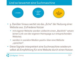 Training SEO
Und so bewertet eine Suchmaschine
• 3. Darüber hinaus wertet sie das „Echo“ der Nutzung einer
Website aus. Zufriedene Nutzer
• mit eigener Website werden vielleicht einen „Backlink“ setzen
(einen Link von der eigenen Homepage zur entsprechenden
Website).
• werden in sozialen Medien positiv über eine Website
„sprechen“.
• Diese Signale interpretiert eine Suchmaschine wiederum
selbst als Empfehlung für eineWebsite durch einen Nutzer.
1. Crawler
2. Nutzer-
Inter-
aktion
3.
„Nutzungs
-Echo“
 