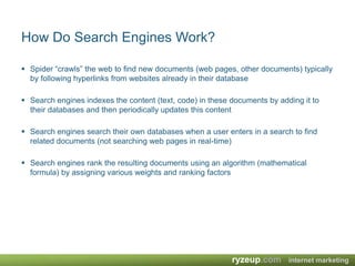 How Do Search Engines Work?Spider “crawls” the web to find new documents (web pages, other documents) typically by following hyperlinks from websites already in their databaseSearch engines indexes the content (text, code) in these documents by adding it to their databases and then periodically updates this contentSearch engines search their own databases when a user enters in a search to find related documents (not searching web pages in real-time)Search engines rank the resulting documents using an algorithm (mathematical formula) by assigning various weights and ranking factors