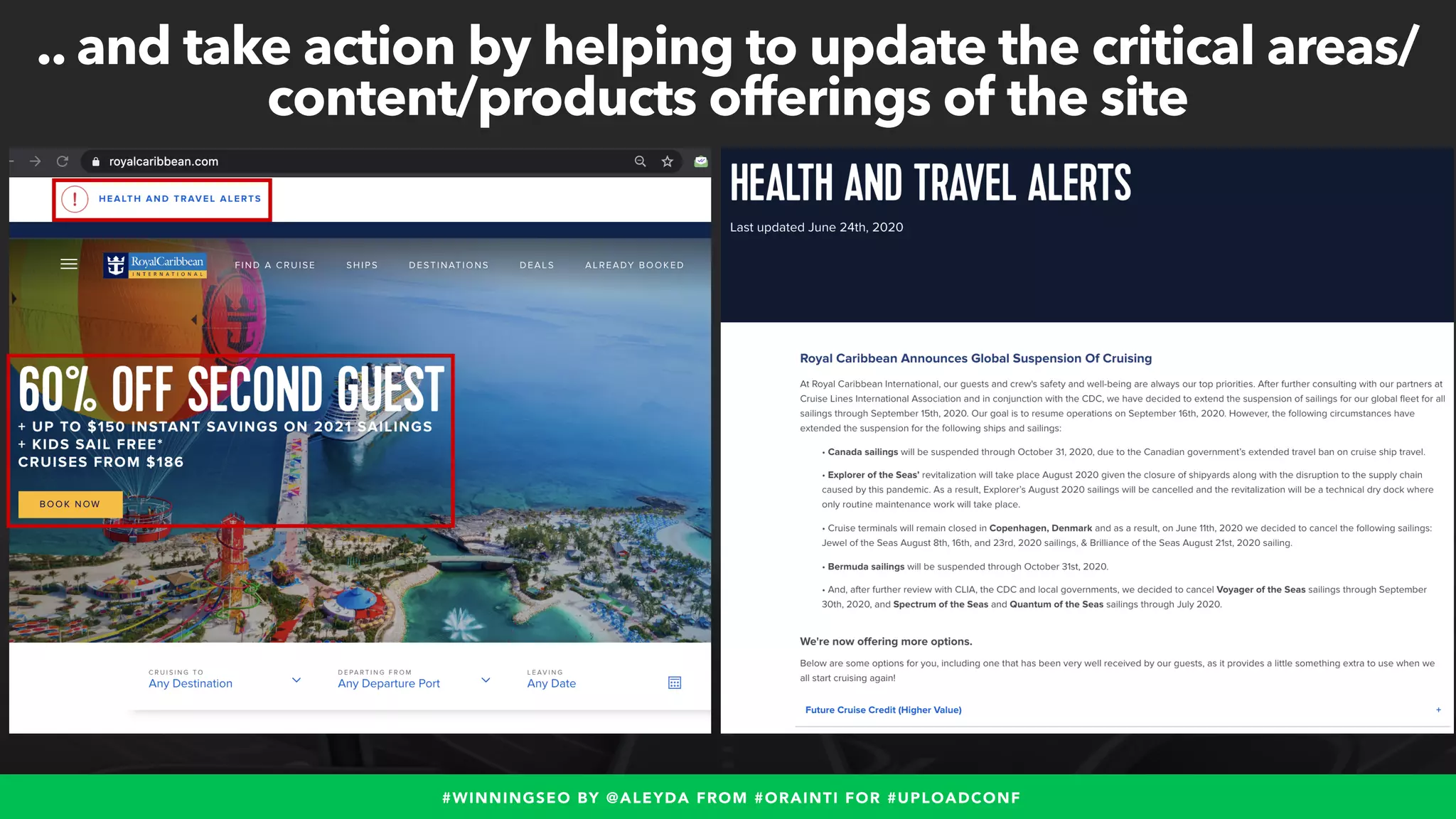 #WINNINGSEO BY @ALEYDA FROM #ORAINTI FOR #UPLOADCONF
.. and take action by helping to update the critical areas/
content/products offerings of the site
 