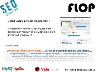 14042016 | #SEOupdate2016
FLOP
Quand Google pénalise les innocents :
Site fermé en nov/dec 2014 injustement
pénalisé par Penguin en oct 2014 alors qu’il
diversifiait ses ancres !
 