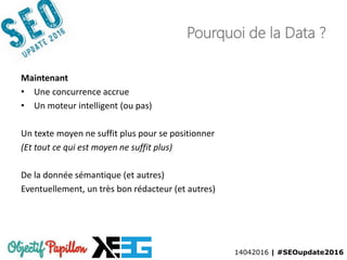 14042016 | #SEOupdate2016
Pourquoi de la Data ?
Maintenant
• Une concurrence accrue
• Un moteur intelligent (ou pas)
Un texte moyen ne suffit plus pour se positionner
(Et tout ce qui est moyen ne suffit plus)
De la donnée sémantique (et autres)
Eventuellement, un très bon rédacteur (et autres)
 